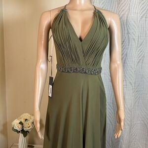Olive Green Halter Evening Dress with Beaded Waist